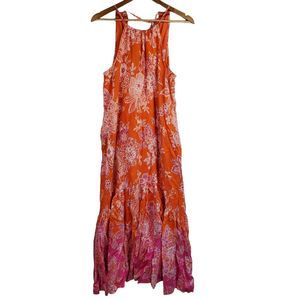 Maeve Anthropologie Orange Pink Floral Flounced Hem Halter Maxi Dress S